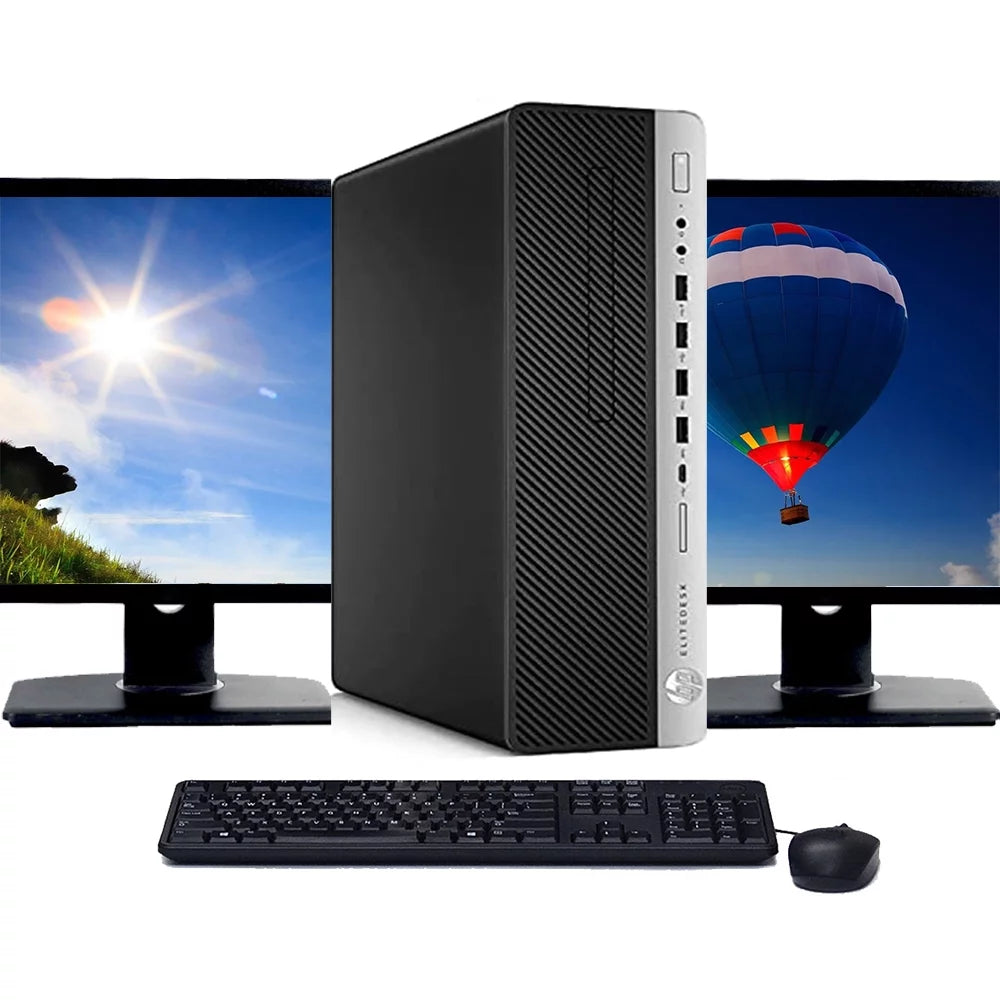 Restored HP ProDesk 800 G3 Desktop Computer, Intel i5 CPU, 240GB SSD, 16GB RAM, Dual 19" LCD Monitors with Windows 10 Pro Q90590