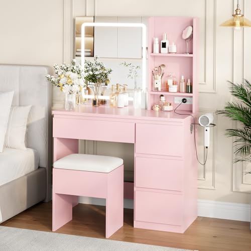 White Vanity Desk with Mirror, Lights, Outlets, 4 Drawers, Storage Stool, Hair Dryer Holder D8066