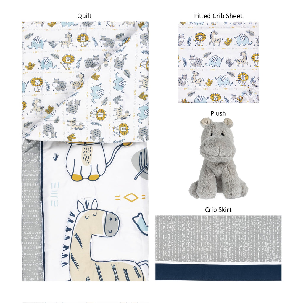4 Piece Crib Bedding Set, White, Tan, Orange, Blue, Navy and Gray, 100% Microfiber, Polyester Fill, Quilt, Fitted Crib Sheet, Skirt and Plush Toy W120