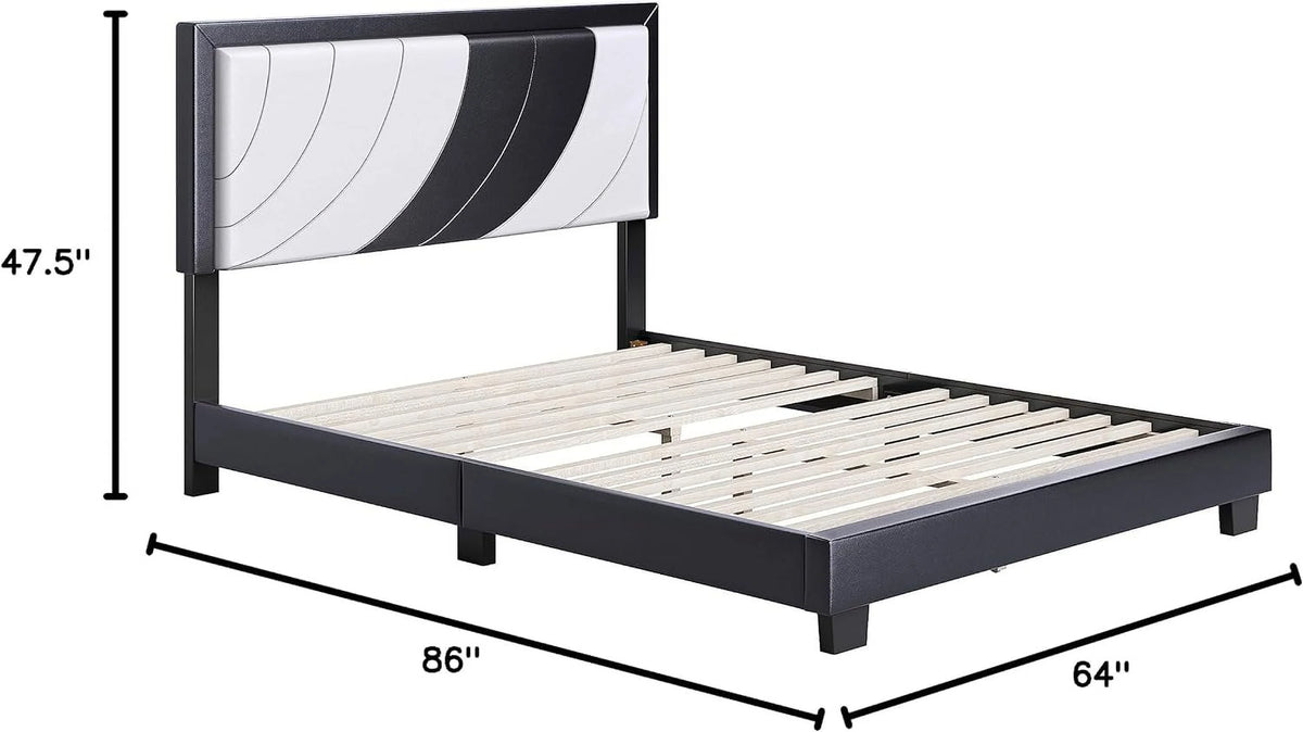Queen White Black Upholstered Platform Bed with Headboard R7752