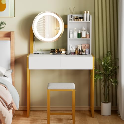 White Vanity Desk with Mirror and Lights T669