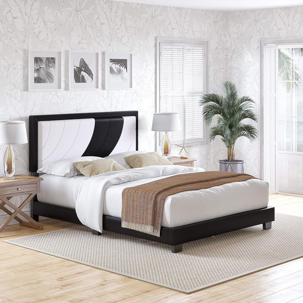 Queen White Black Upholstered Platform Bed with Headboard R7752