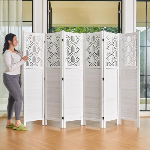 5.6 Ft Wood Carved Folding Room Divider 6 Panel Gray T25418