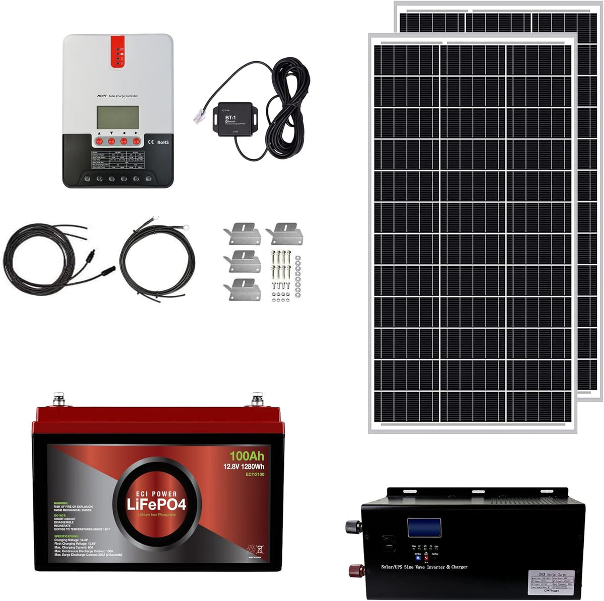 1.3KWH 12V Solar Power System Kit with 300W Mono Solar Panels, 30A MPPT Charge Controller, 2KW Pure Sine Wave Inverter D683