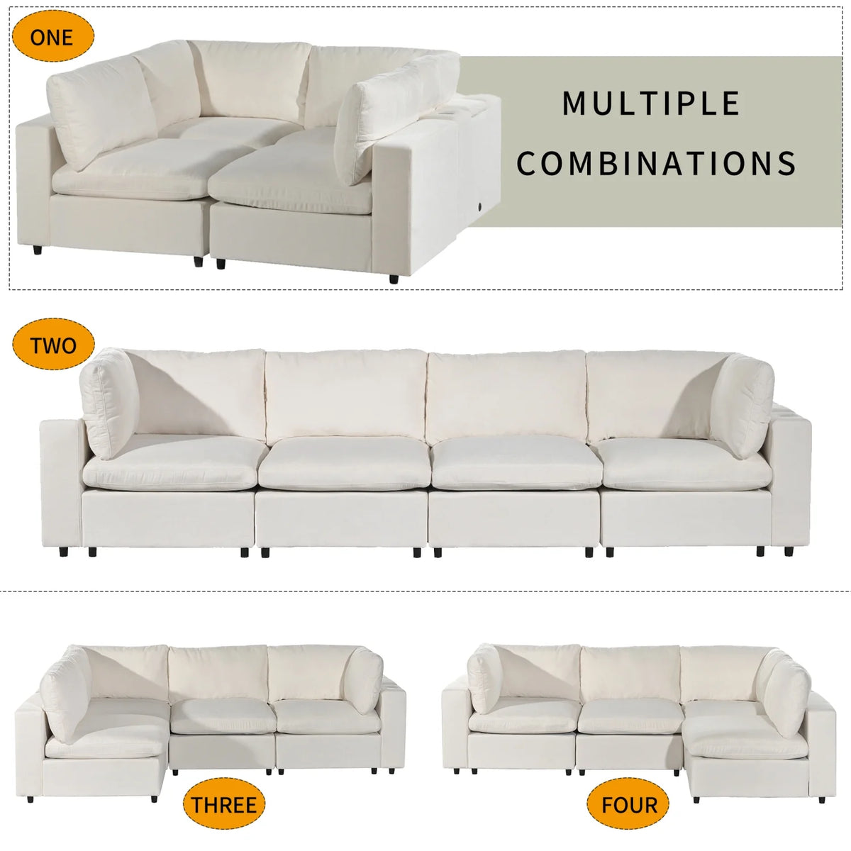 Beige 4 Seat Upholstered Modular Sofa with USB Charge Ports R906