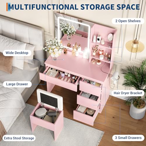 White Vanity Desk with Mirror, Lights, Outlets, 4 Drawers, Storage Stool, Hair Dryer Holder D8066
