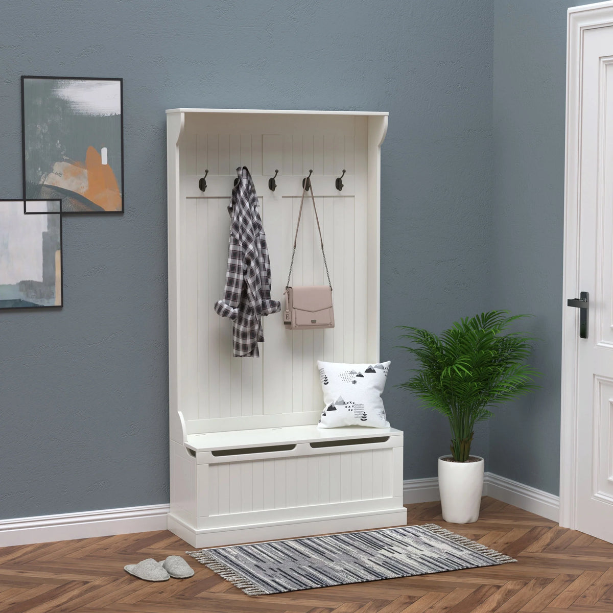 White 3-In-1 Entryway Hall Tree with Storage Bench T4816