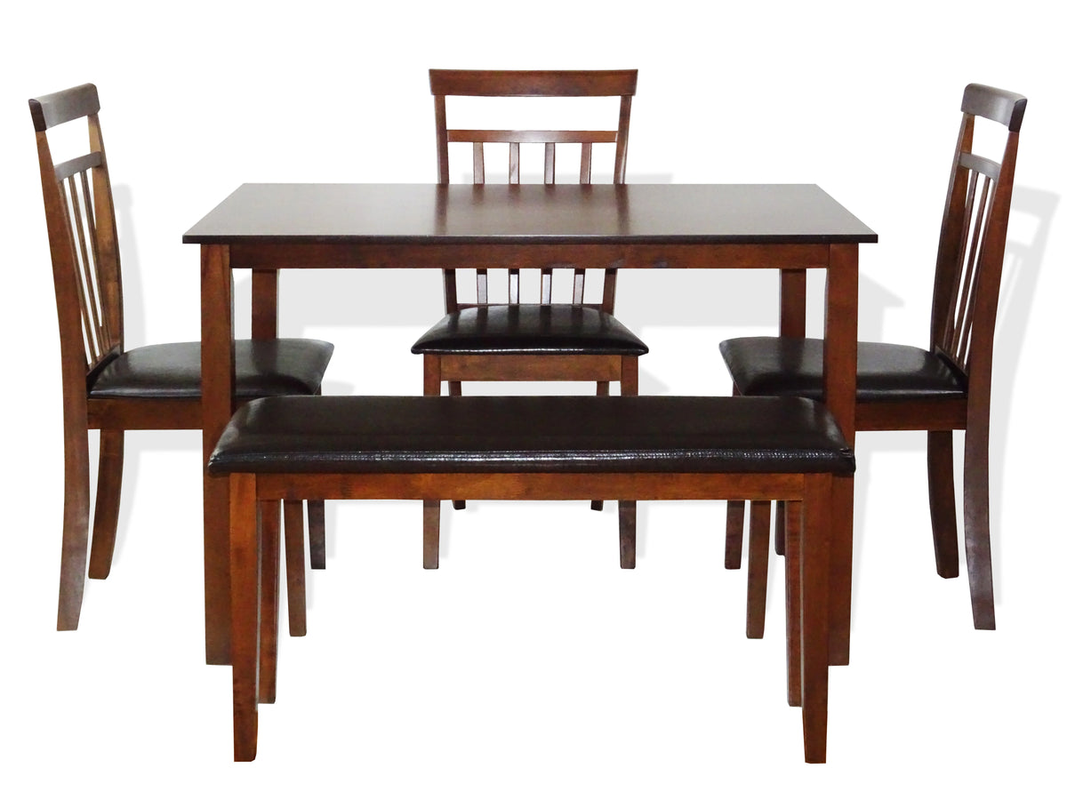 5 Pcs Rectangular Table 3 Wooden Chairs Bench Medium Brown I505