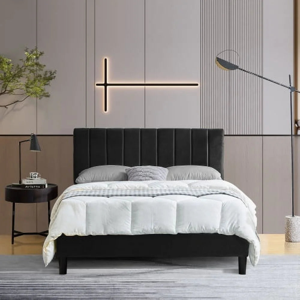 Queen Size Upholstered Platform Bed with Slat Support S842