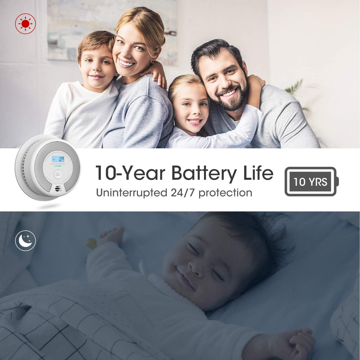 10-Year Battery Smoke and Carbon Monoxide Detector Alarm with LCD Display, Dual Sensor, 5-Pack U638023