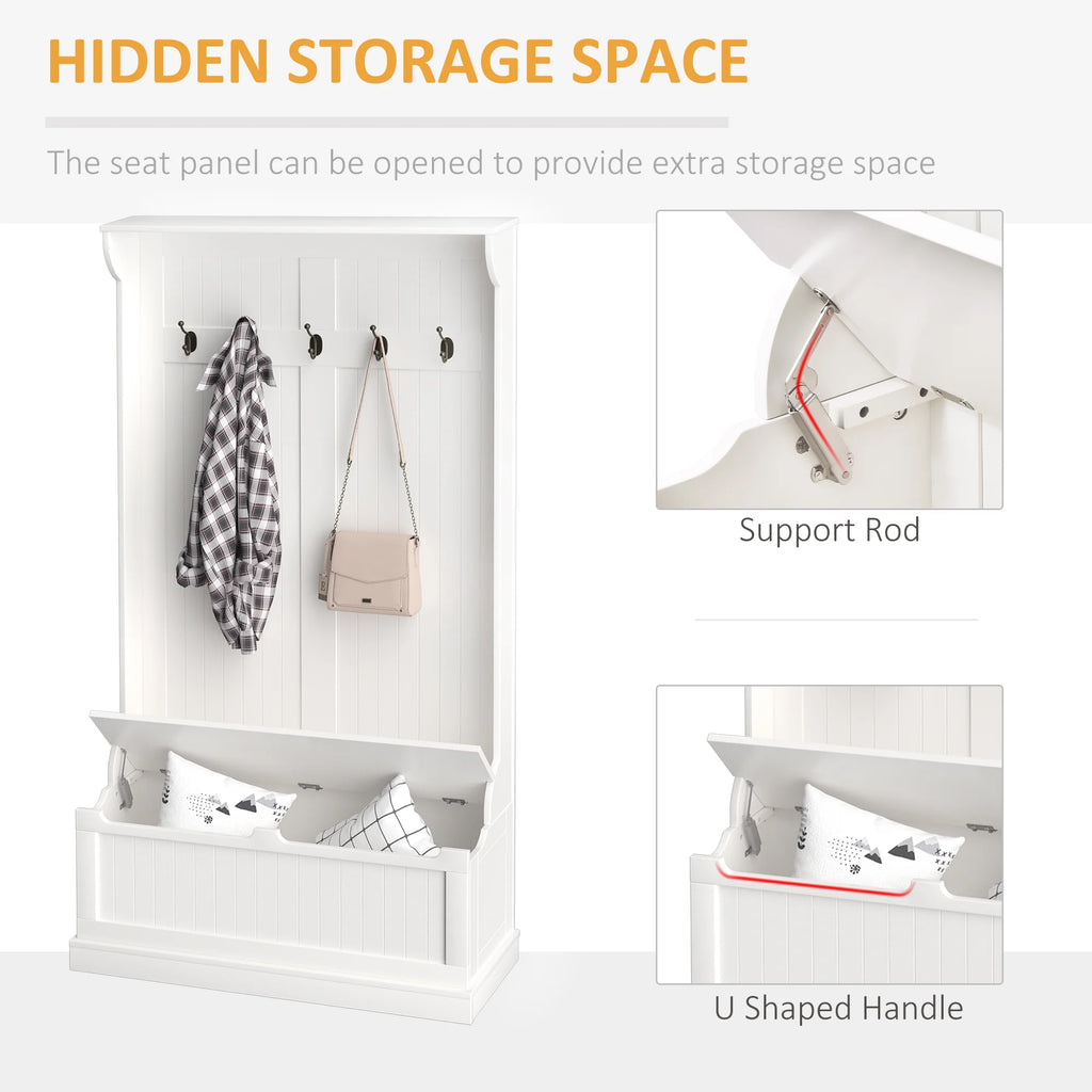 White 3-In-1 Entryway Hall Tree with Storage Bench T4816