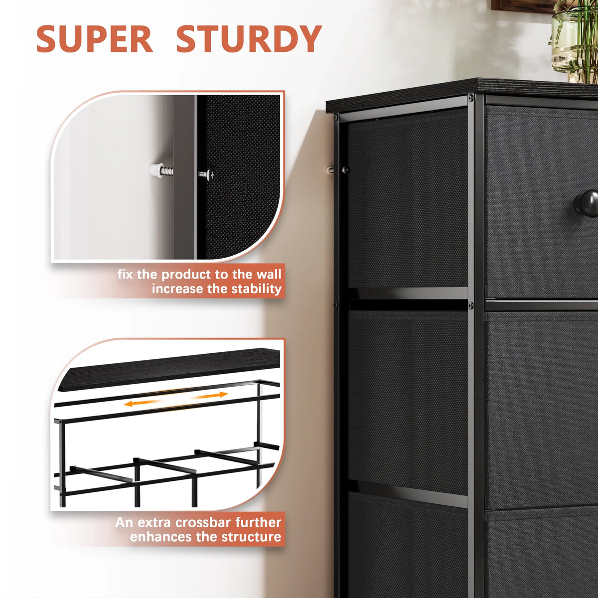 8 Drawer Fabric Dresser with Steel Frame and Wooden Top N5686