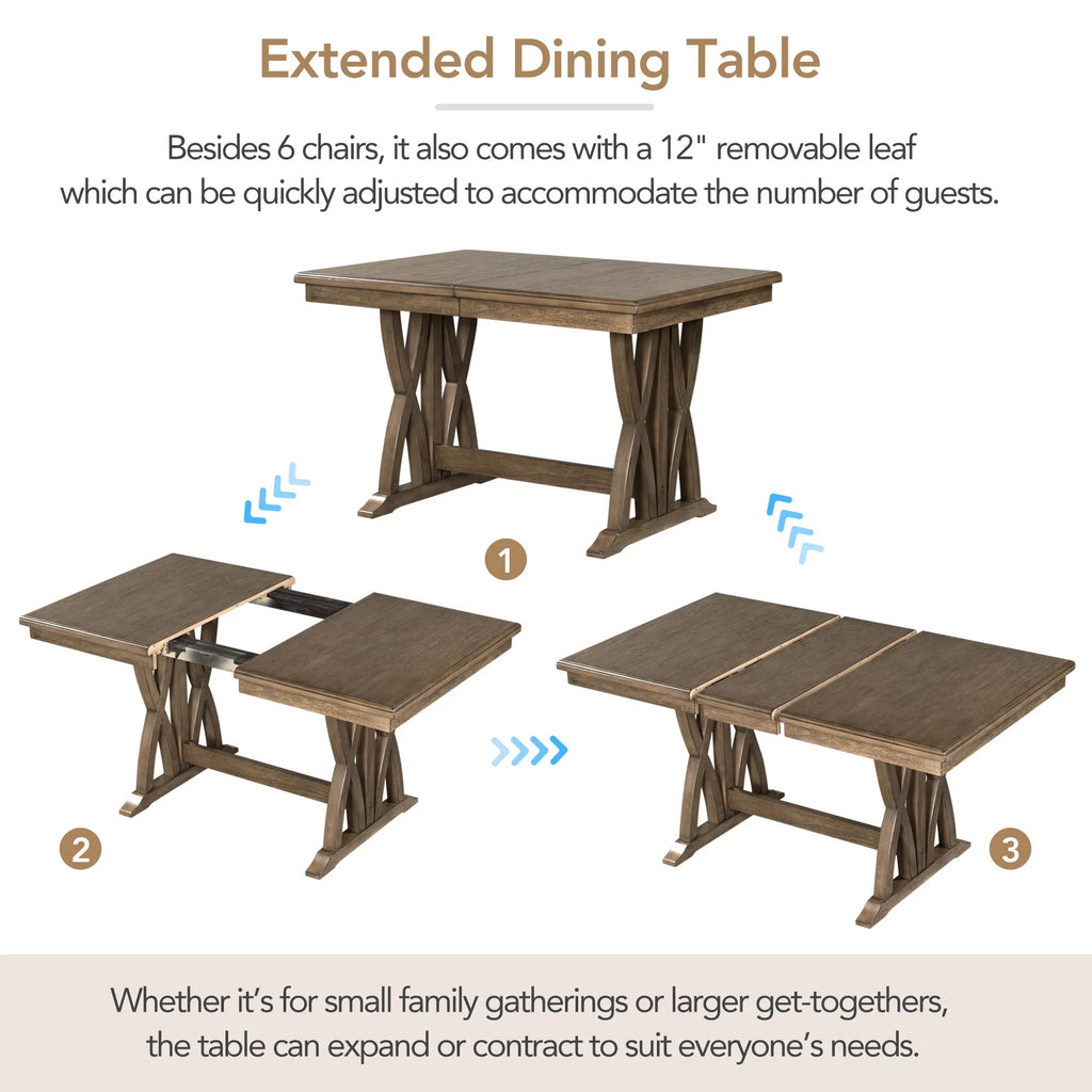 Solid Wood 7-Piece Extendable Dining Table Set with Upholstered Chairs E865408