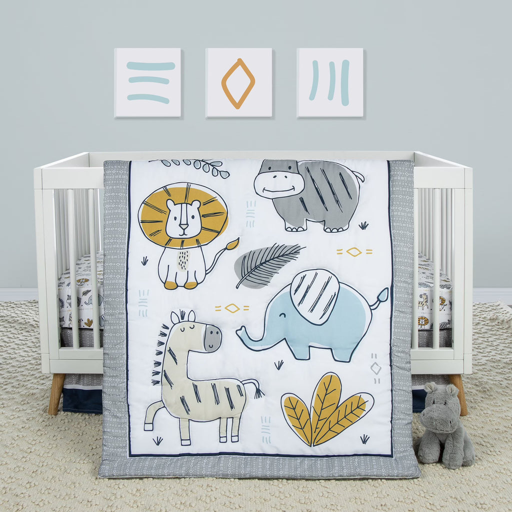 4 Piece Crib Bedding Set, White, Tan, Orange, Blue, Navy and Gray, 100% Microfiber, Polyester Fill, Quilt, Fitted Crib Sheet, Skirt and Plush Toy W120