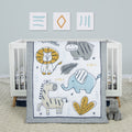 4 Piece Crib Bedding Set, White, Tan, Orange, Blue, Navy and Gray, 100% Microfiber, Polyester Fill, Quilt, Fitted Crib Sheet, Skirt and Plush Toy W120