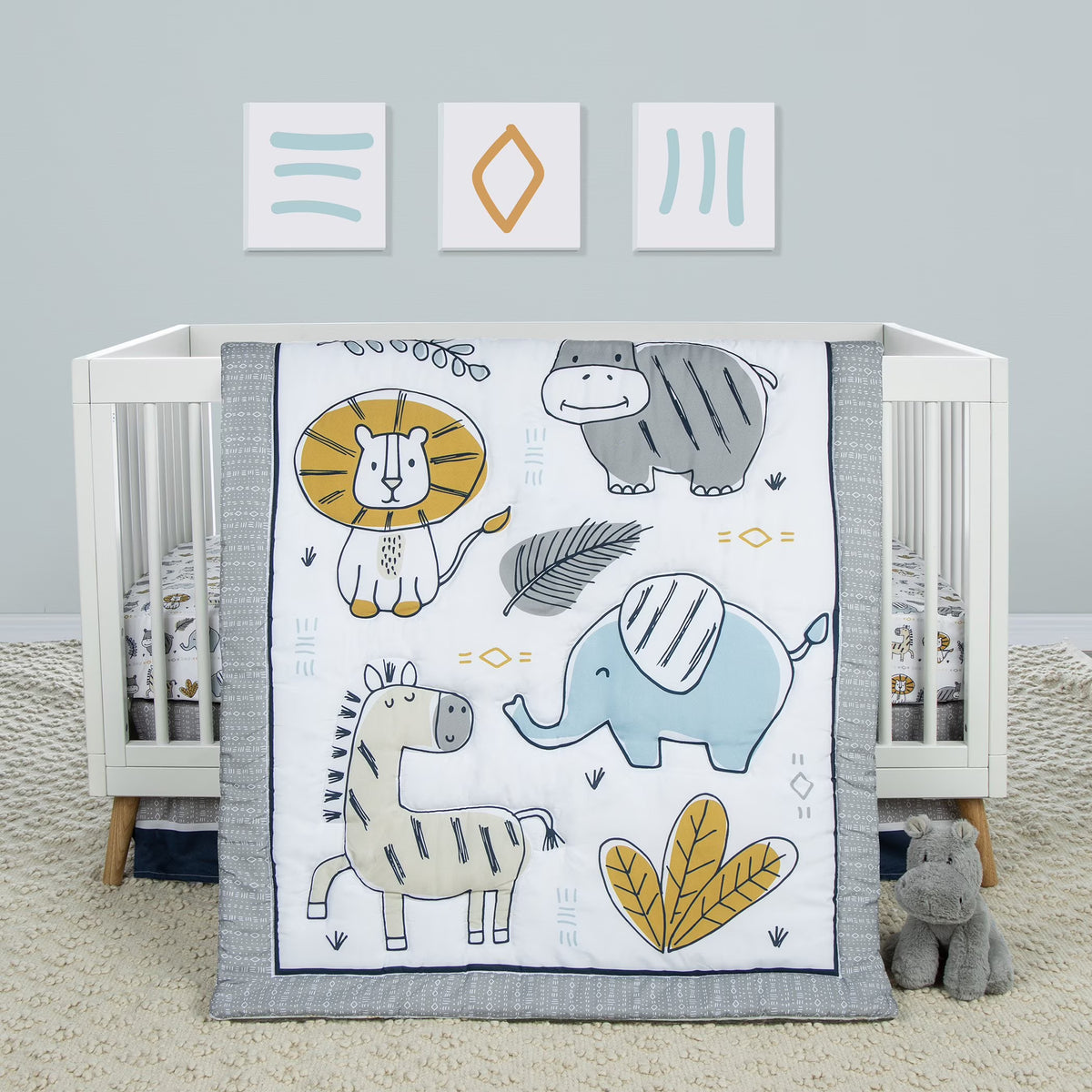 4 Piece Crib Bedding Set, White, Tan, Orange, Blue, Navy and Gray, 100% Microfiber, Polyester Fill, Quilt, Fitted Crib Sheet, Skirt and Plush Toy W120