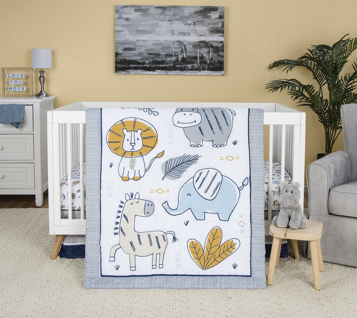 4 Piece Crib Bedding Set, White, Tan, Orange, Blue, Navy and Gray, 100% Microfiber, Polyester Fill, Quilt, Fitted Crib Sheet, Skirt and Plush Toy W120