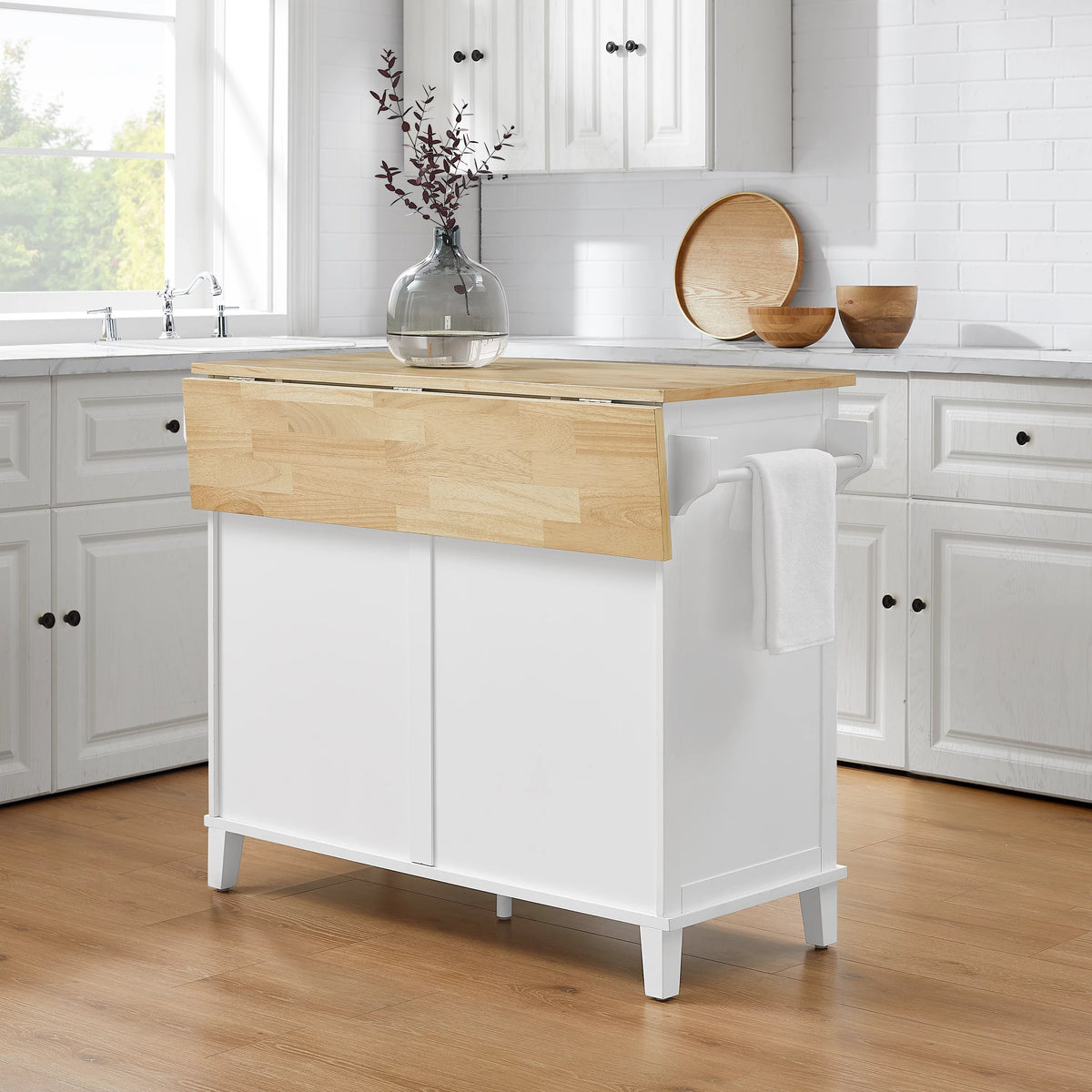 Drop Leaf Kitchen Island White Natural B84132