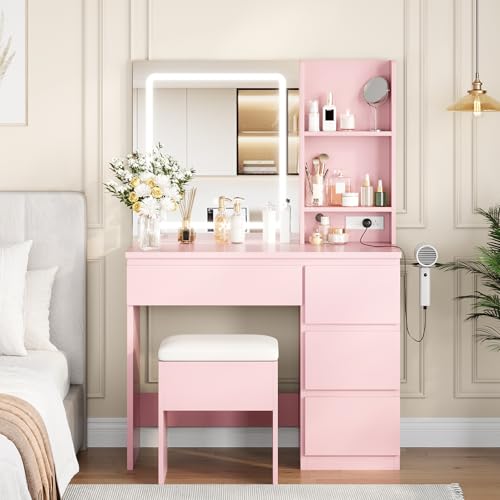 White Vanity Desk with Mirror, Lights, Outlets, 4 Drawers, Storage Stool, Hair Dryer Holder D8066