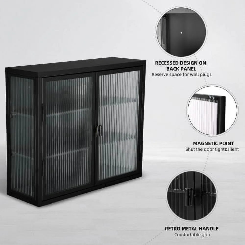 Double Glass Door Wall Cabinet with Detachable Shelves Black P839