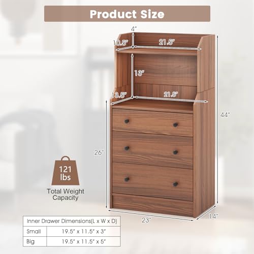 3 Drawers Dresser with Shelves, Tall Nightstand with 2 Open Shelves, Chest of Drawers (Walnut) M498111