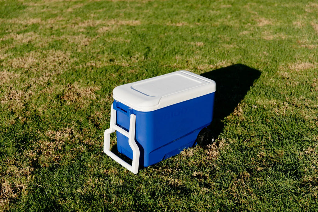 38 QT. Hard-Sided Ice Chest Cooler with Wheels, Blue Q589479
