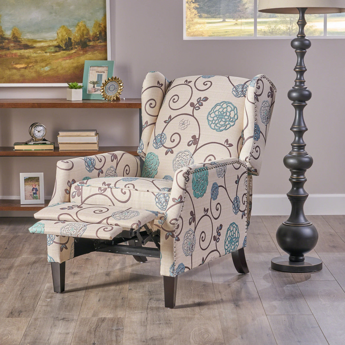 White and Blue Fabric Wing Back Recliner F37784