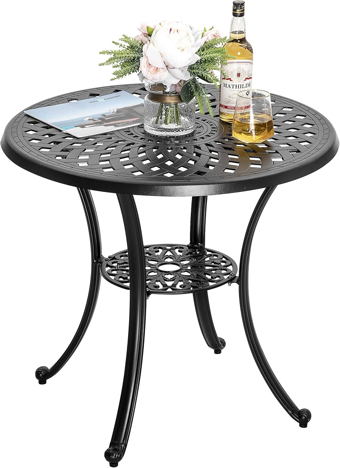 Black 42 Inch Round Cast Aluminum Patio Dining Table with Umbrella Hole R634