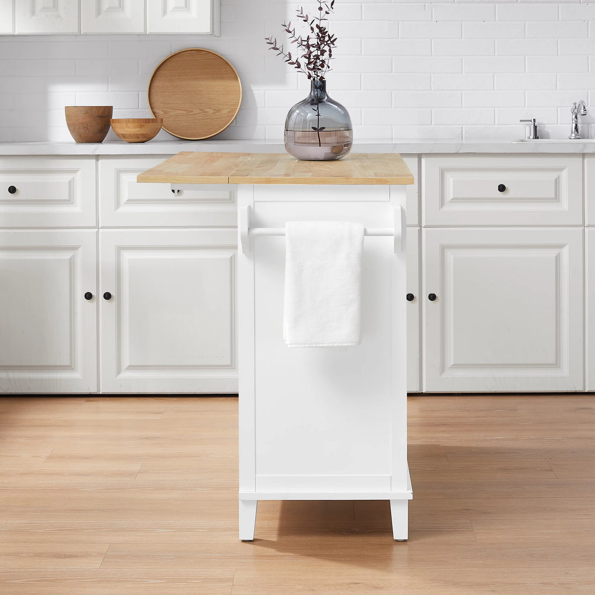 Drop Leaf Kitchen Island White Natural B84132