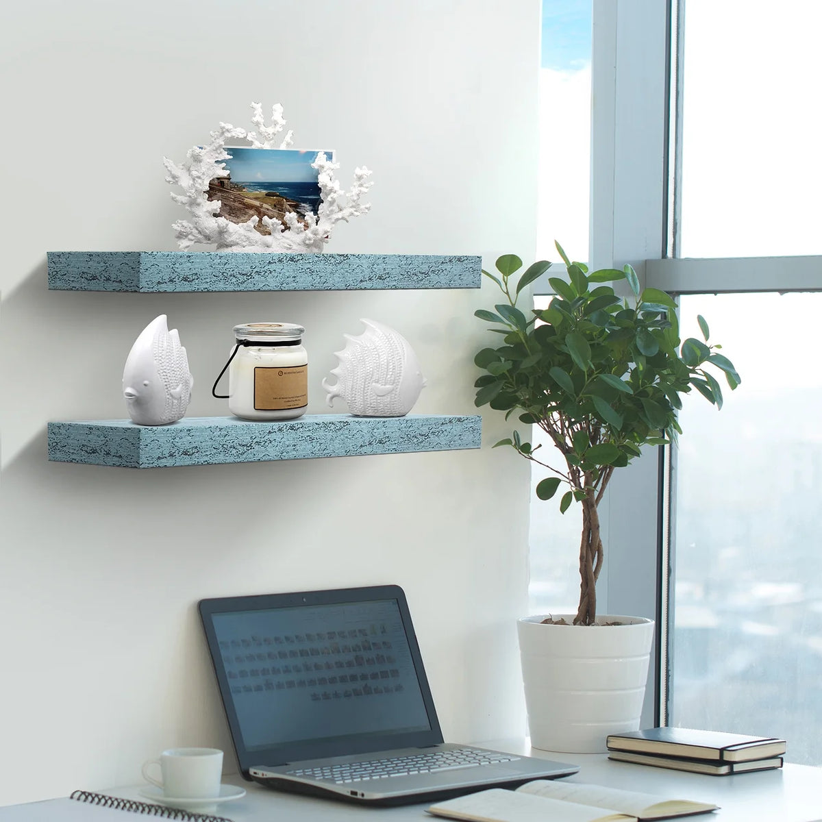 Blue 2 Pack Rustic Wood Floating Wall Shelves O93978