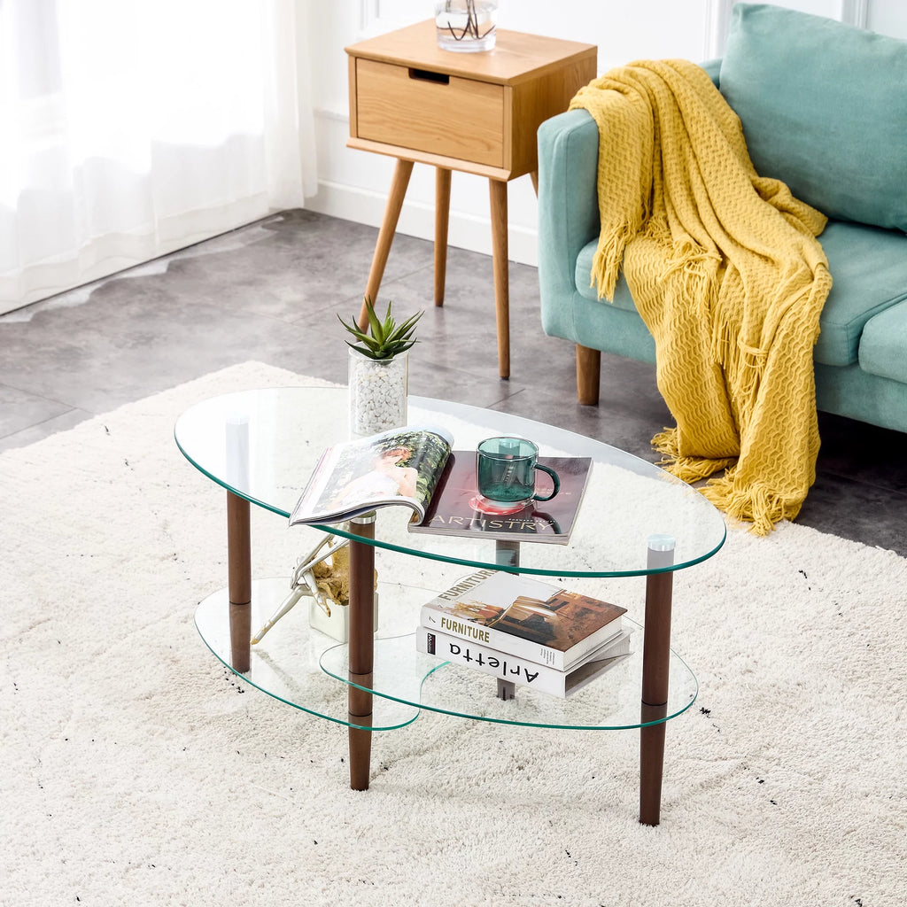 Oval Glass Coffee Table with Oak Wood Legs S969093