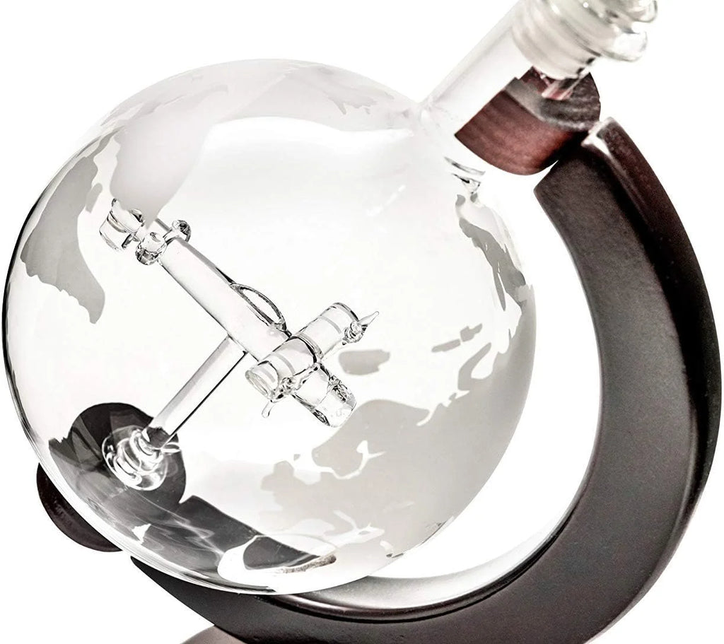 50 Oz Handmade Etched Globe Decanter Set with Wooden Stand and 2 Glasses A58372