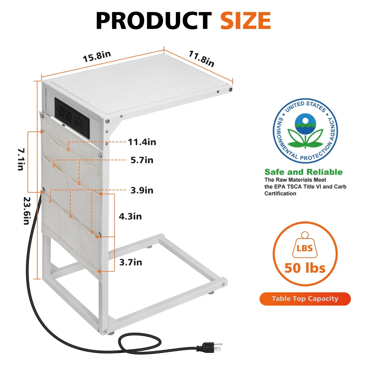 White C Shaped Side Table with Charging Station Y604874