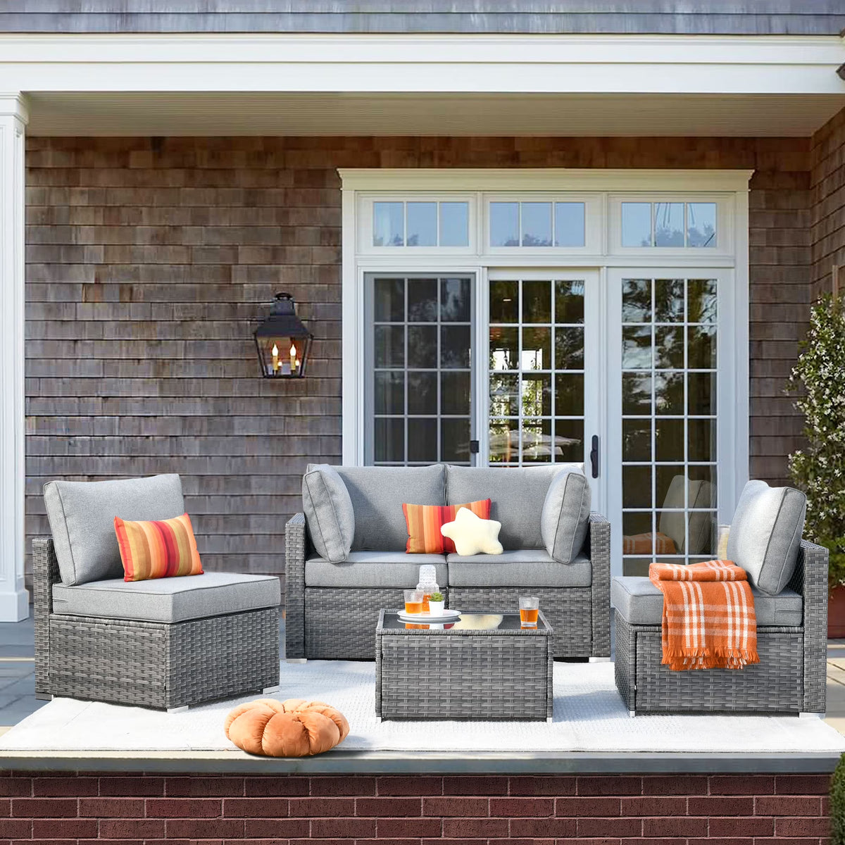 5 Piece Outdoor Patio Furniture Set Wicker Rattan Sectional Couch, Dark Grey C1121