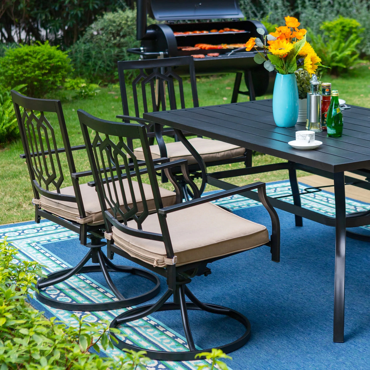 Set of 2 Outdoor Swivel Dining Chairs, Steel Frame with Cushion, Black&Beige G2428