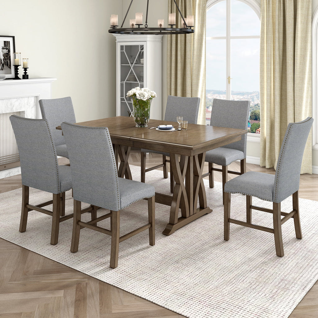 Solid Wood 7-Piece Extendable Dining Table Set with Upholstered Chairs E865408