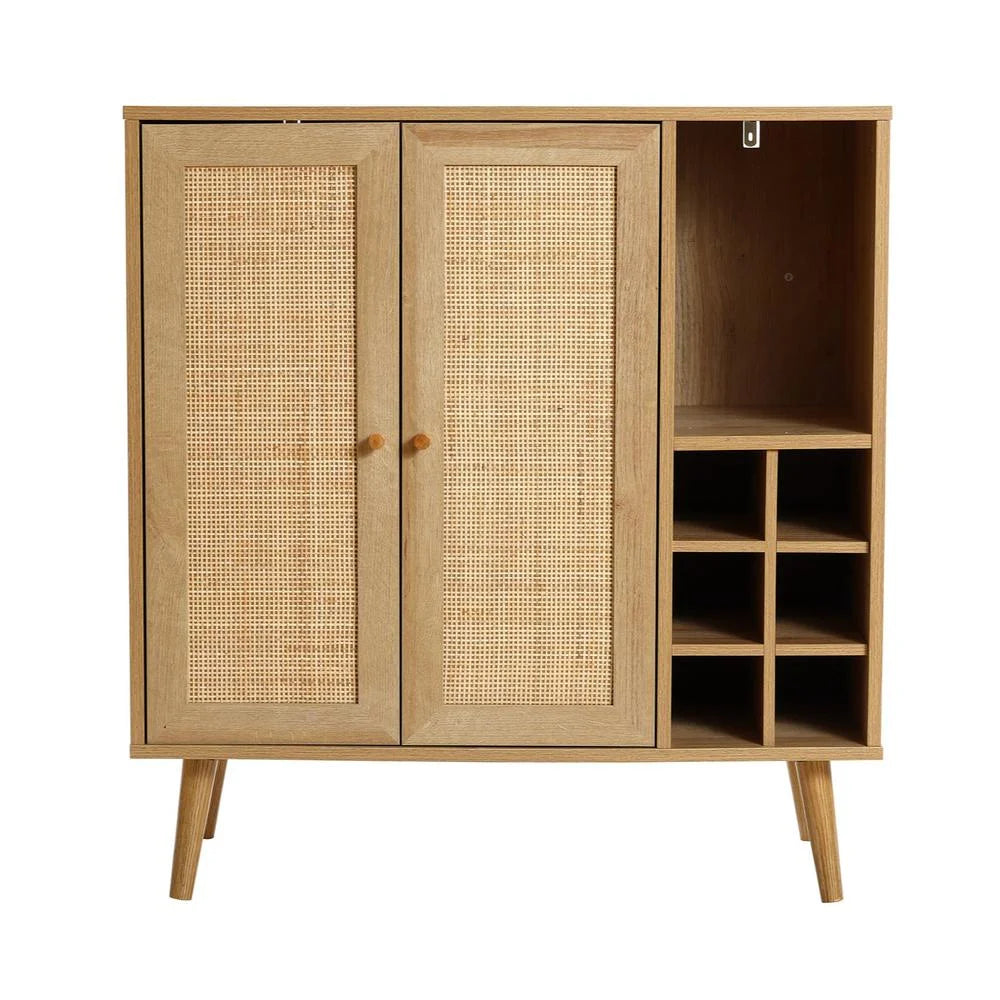 Light Oak Engineered Wood Rattan Wine and Storage Cabinet V83626