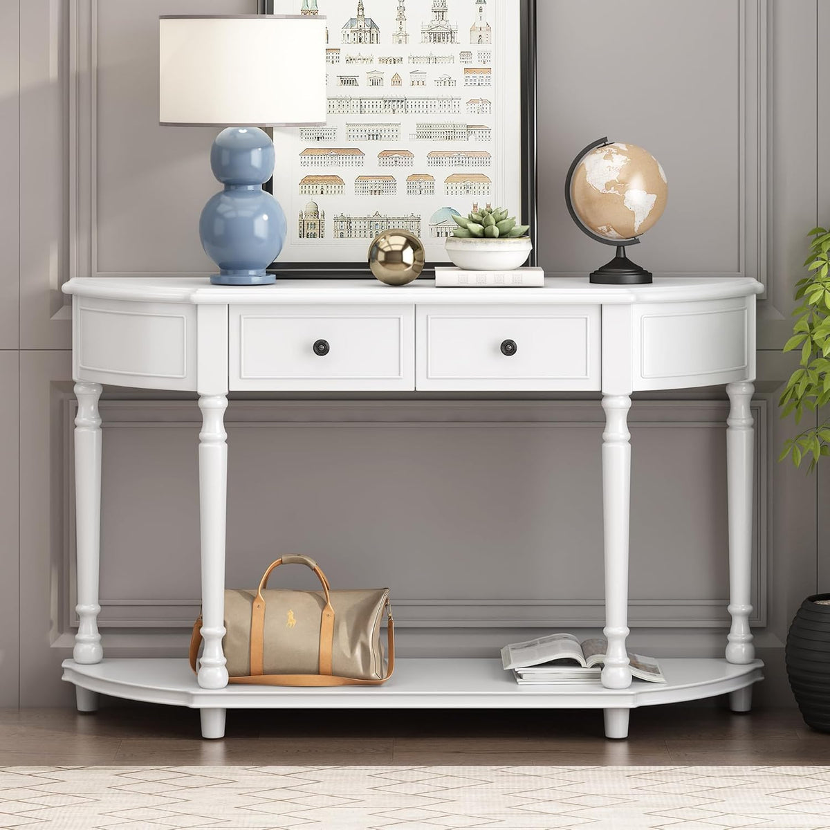 White Solid Wood Storage Cabinet with 2 Drawers and Open Shelf U94059