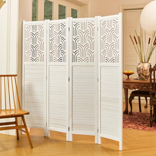 5.6 Ft Wood Carved Folding Room Divider 6 Panel Gray T25418