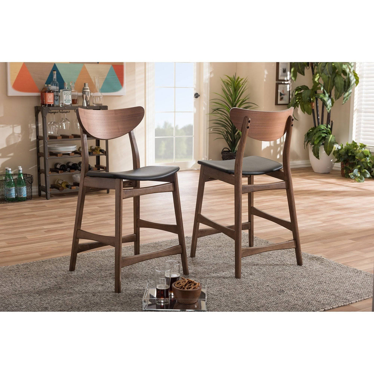 Faux Leather Counter Stool, Set of 2, Black C21154