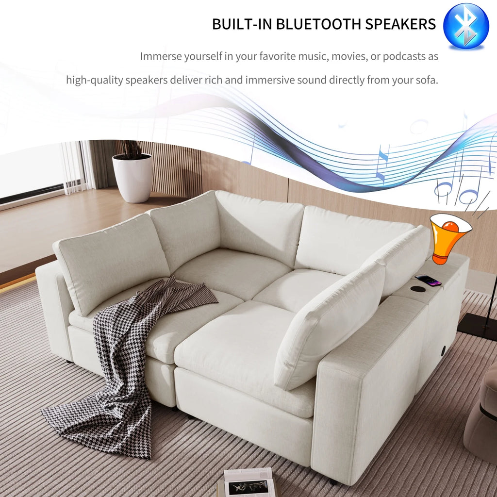 Beige 4 Seat Upholstered Modular Sofa with USB Charge Ports R906