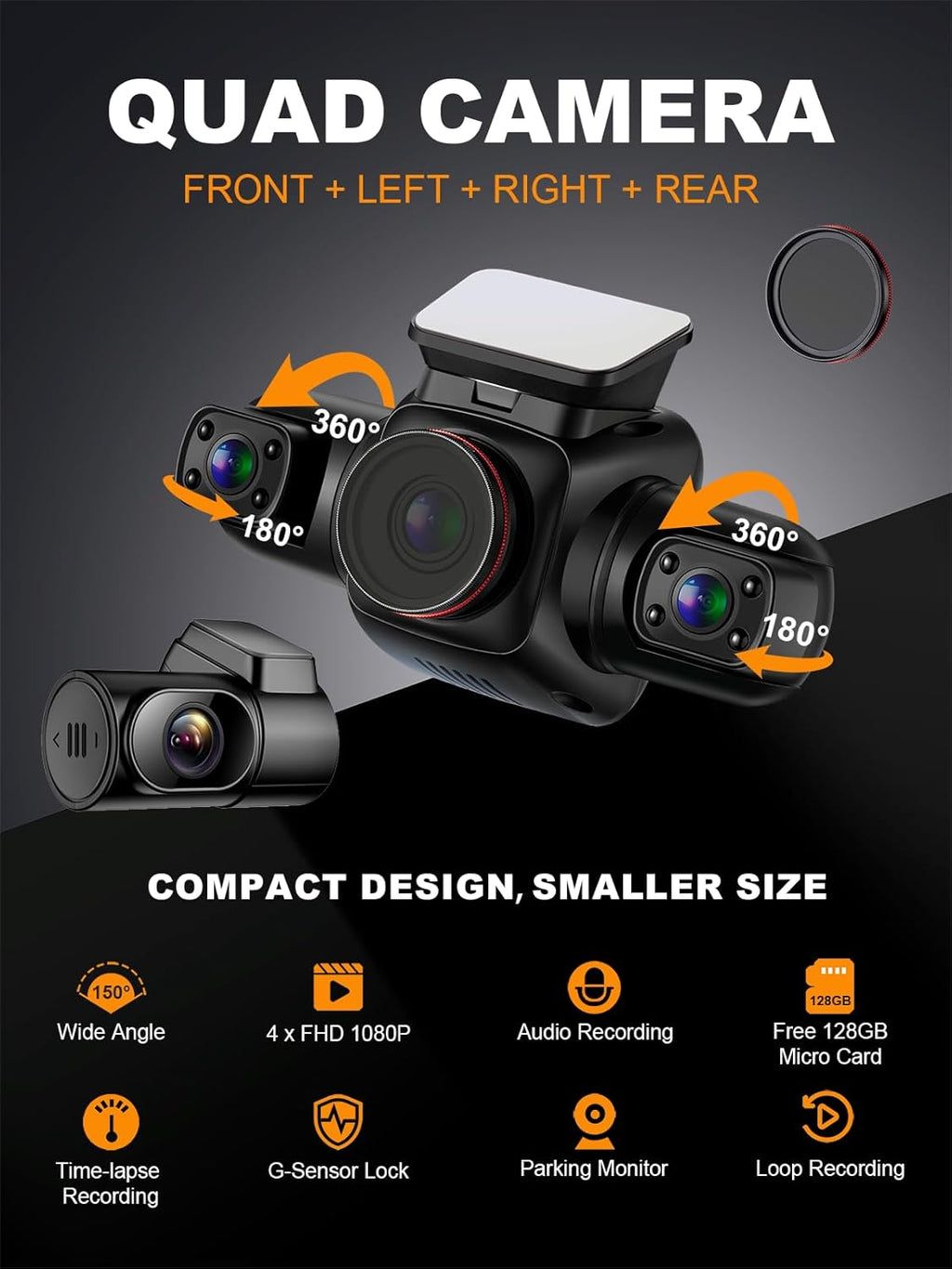 360 Degree View 4 Channel Dash Cam with CPL, Built-in GPS WiFi Night Vision, 128G Card B172