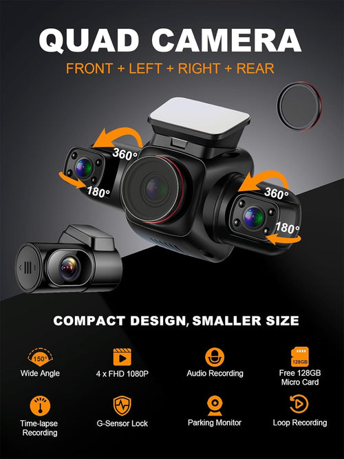 360 Degree View 4 Channel Dash Cam with CPL, Built-in GPS WiFi Night Vision, 128G Card B172