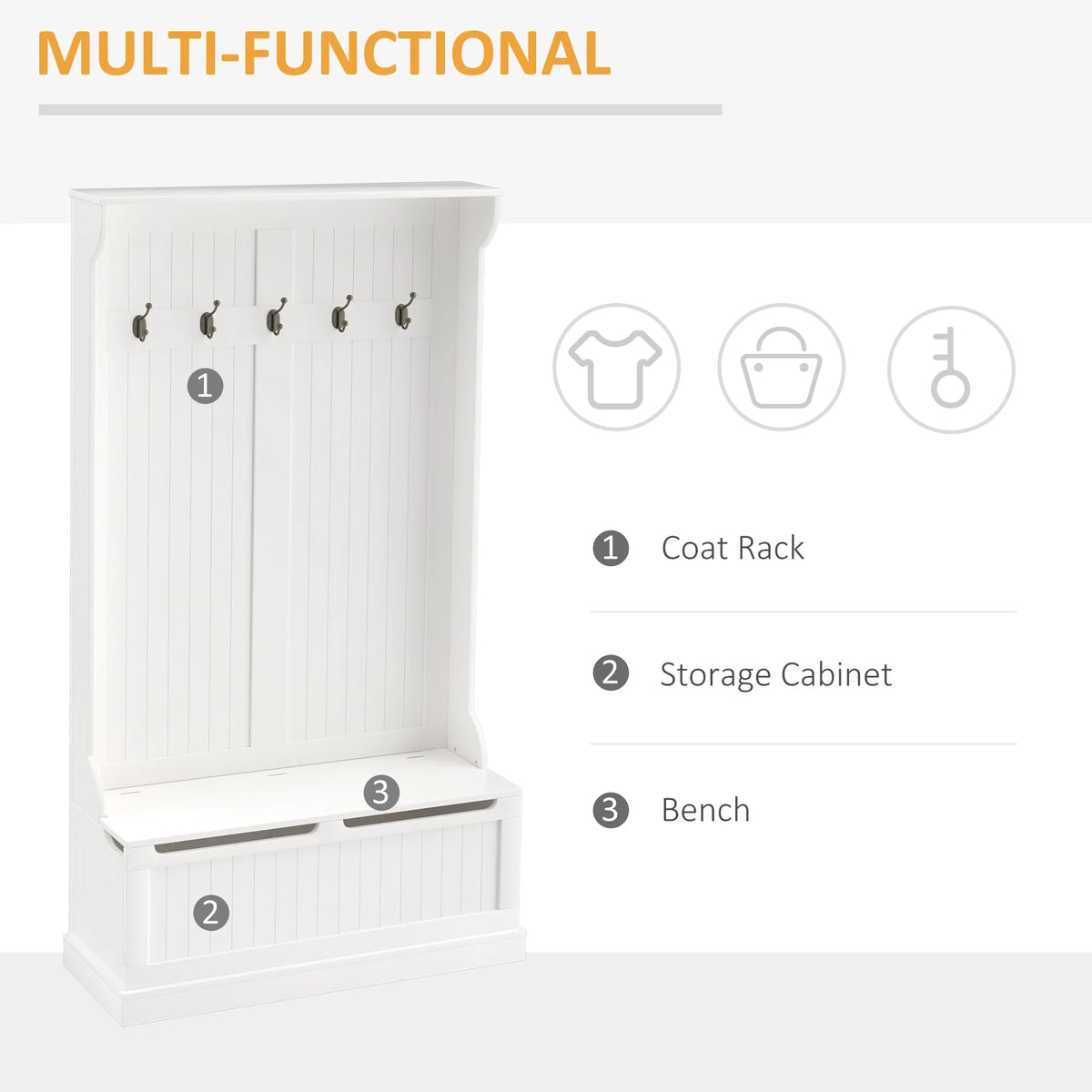White 3-In-1 Entryway Hall Tree with Storage Bench T4816