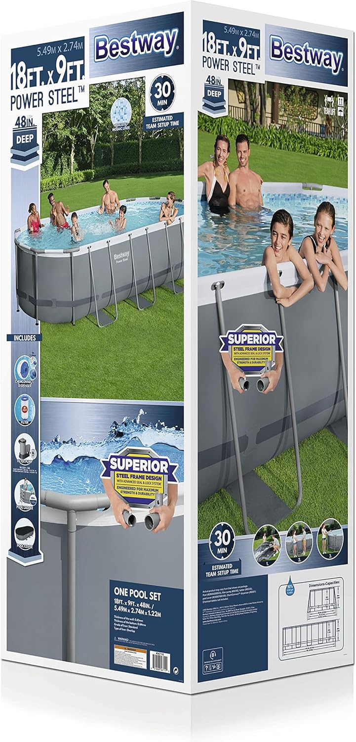 18' x 9' x 48 Outdoor Oval Frame Above Ground Swimming Pool Set with 1500 GPH Cartridge Filter Pump, Cover, & Ladder Y47465