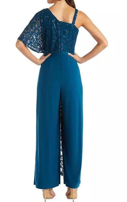 Embellished Sequin Lace Caplet Jumpsuit, Peacock, 6 F4550