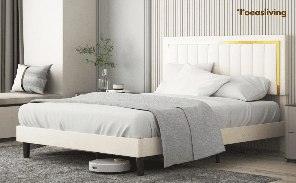 Upholstered Platform Bed Frame with Gold Trim Full Size Fabric Bed H589865