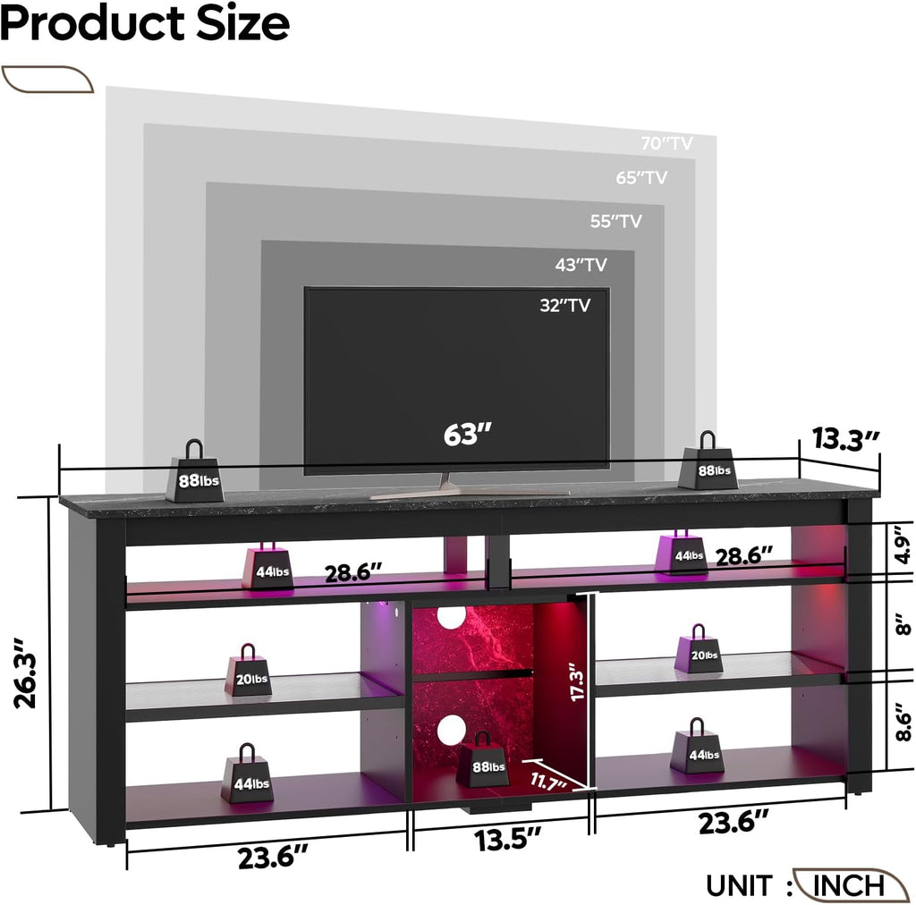 Black Marble TV Stand with 2 Led Lights U96445