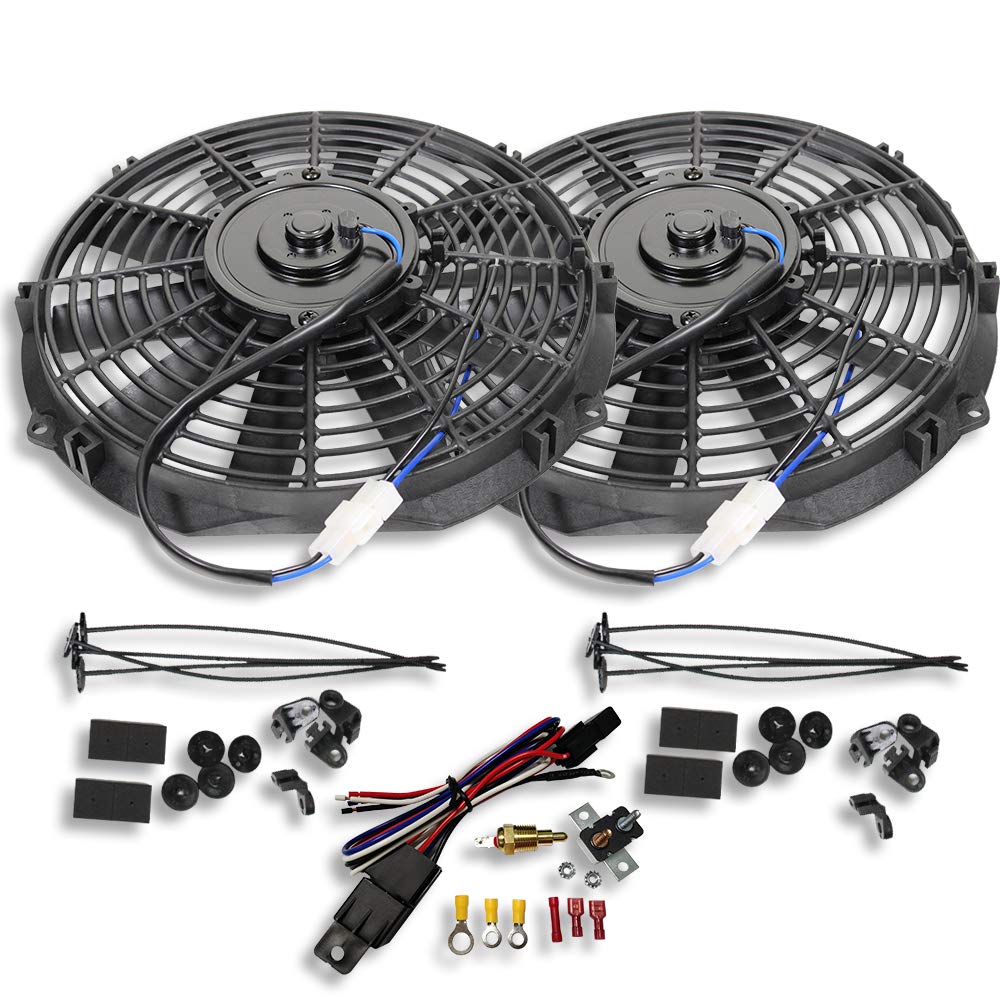 2pcs 10" Universal Electric Radiator Cooling Fan Straight Blade Reversible 1250CFM 12V Black Mounting Kit & Thermostat Switch Relay Kit U456