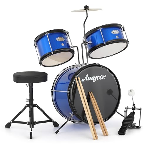 Black 3 Piece Kids Drum Set with Cymbal, Drumsticks, Pedal, Throne Stool H885